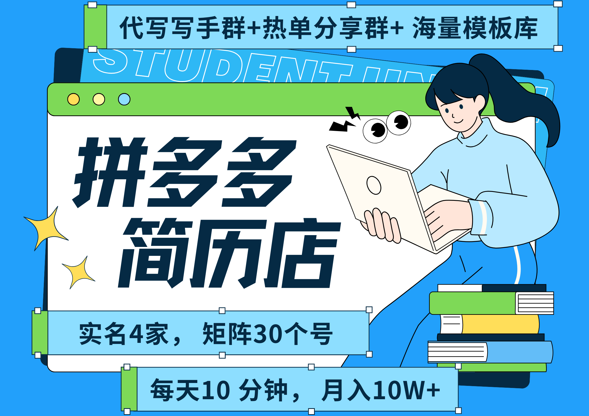 拼多多 虛擬資料 簡(jiǎn)歷 海報(bào)代寫 全SOP流程 毫無保留分享(含后端資料以及代寫渠道)每天十分鐘 每人實(shí)名四個(gè)店 ?矩陣30個(gè)賬號(hào) ?輕輕松松 月入10W